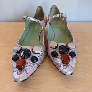 PRADA Vintage Brocade Pink Silver Metallic heels